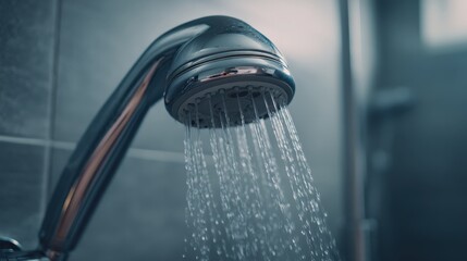 A close-up of a modern showerhead with water streaming down against a blue-tiled bathroom wall.