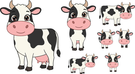 Cute cartoon cow illustration, farm animal vector clipart, dairy cattle drawing, black and white cow, children art, isolated background