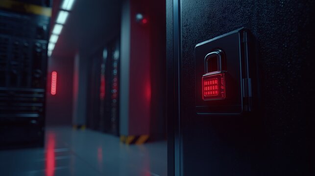 A digital lock with a red keypad glows on a server room cabinet in a dimly lit data center corridor.