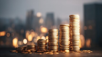 Stacks of golden coins arranged in ascending order with a blurred cityscape background symbolizing financial growth and investment.