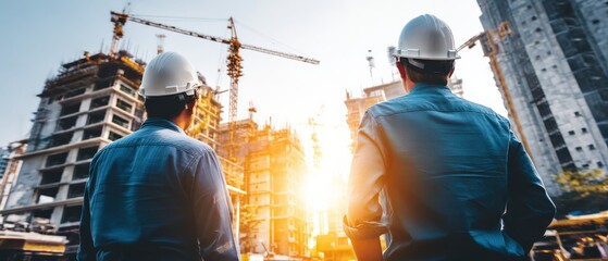 Two construction workers in helmets oversee a building site with cranes and unfinished structures during sunset.