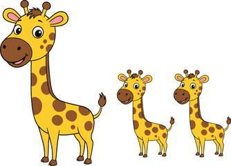 Cute cartoon giraffe family illustration, smiling animal characters, jungle wildlife theme, baby giraffes with big eyes, vector art for kids