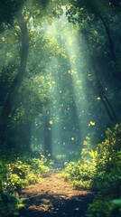 Walking Path Through Forest with Sun Rays and Falling Leaves