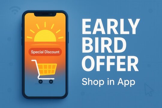 A smartphone display shows a shopping cart with "Special Discount" and sunrise graphic, next to text promoting an early bird offer for app shopping. - Powered by Adobe