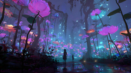 Magical fantasy garden with glowing flowers and neon vines in a surreal cyberpunk dream