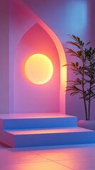 Neon Lit Platform with Abstract Arch and Plant Indoor