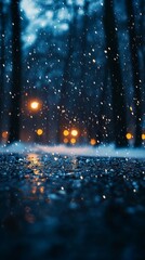 Snow Falling on Wet Ground with Streetlights in the Background