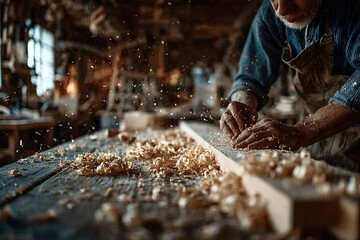 Senior carpenter smoothing a plank of wood in a bustling workshop, sawdust swirling through the air as skilled hands meticulously craft each piece with dedication and precision