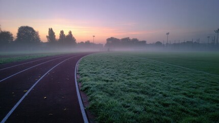 Obraz premium Track and Field: A mesmerizing dawn unveils an empty athletic track and field enveloped in mist, as if poised for an unspoken challenge, with an atmosphere of tranquility.