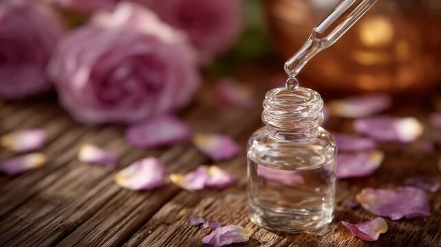 A serene spa scene with a pipette poised over a glass vial, capturing the essence of tranquility with diffused lighting, wooden surfaces, and rose petals.
