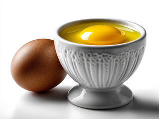 Soft boiled egg in ceramic egg cup, white background