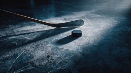 Ice Hockey Puck and Stick: A close-up image captures the essence of ice hockey, featuring a solitary puck and a hockey stick, meticulously placed on a textured ice surface.