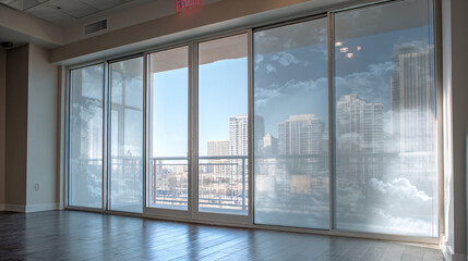 Obraz premium Modern Apartment with City View: Expansive glass windows offer a breathtaking panorama of a bustling cityscape, infusing the contemporary interior with natural light and urban charm.