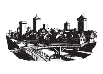 Fototapeta premium Monochromatic Illustration of a Medieval Cityscape with Towers Bridges and Half Timbered Houses a Glimpse into Historical Architecture and Urban Design