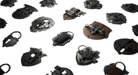 Abstract Illustration of Metallic Shields Locks and Decorative Elements with Dark Isolated Background