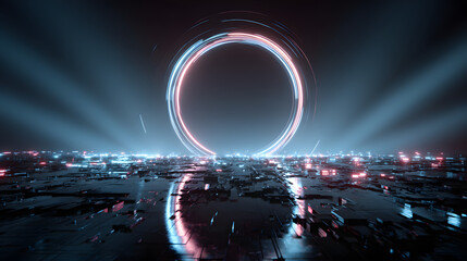 Sci-fi portal of neon rings and glitch pixels floating in a void with glowing fragments