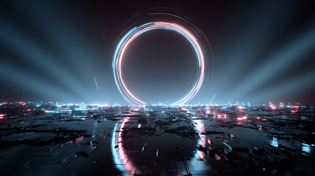 Sci-fi portal of neon rings and glitch pixels floating in a void with glowing fragments