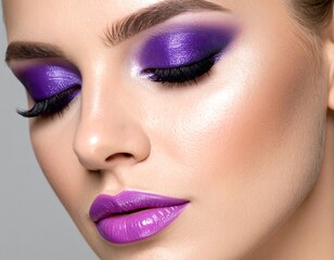 Close-up of a woman with vibrant purple makeup
