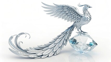 A silver phoenix perched atop a large diamond with intricate feather and crystal details on white
