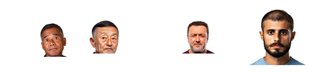 Obraz premium Diverse men with different expressions on a clear backdrop