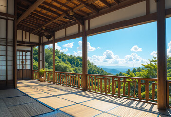 Traditional Japanese Balcony Overlooking a Green Scenery
