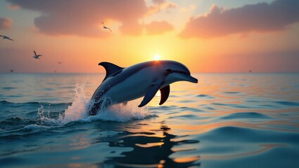 Majestic dolphin leaps in a beautiful sunset over the ocean.
