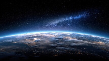 Fototapeta premium Stunning view of Earth from space showcasing the planet's curvature against the backdrop of a starlit Milky Way galaxy