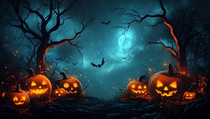 Spooky Halloween night with glowing jack o lanterns and bats flying pumpkin
