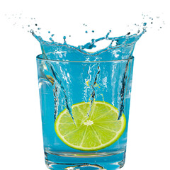 Abstract Isolated Background Of Water Splash With Lime Slice And Glass