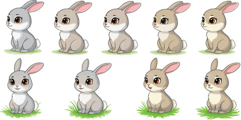 Cute cartoon rabbits in different fur shades sitting on green grass, side view animal vector illustration for kids, spring, Easter design