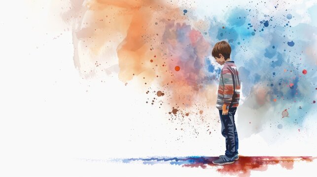 Anti-bullying month awareness - encouraging empathy and kindness in children through art. Problem of bullying at school, based on nationality, race or class. Horizontal banner. Copy space. Watercolor