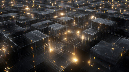 Glowing neon squares floating in glitchy 3d space with a matrix-style digital background