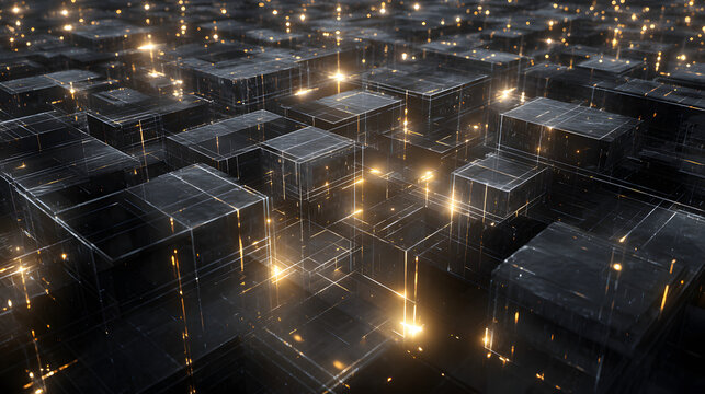 Glowing neon squares floating in glitchy 3d space with a matrix-style digital background - Powered by Adobe