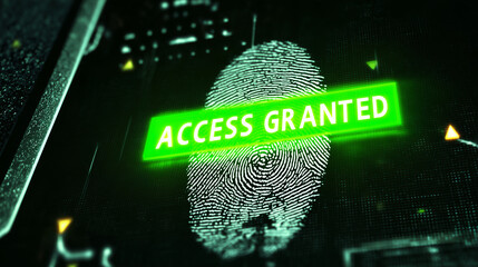 A digital fingerprint scan being authenticated on a screen, with a green "Access Granted" message. Biometric, identity, and safety.