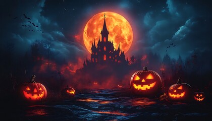 Naklejka premium Spooky Halloween night with jack o lanterns and haunted castle under full moon pumpkin