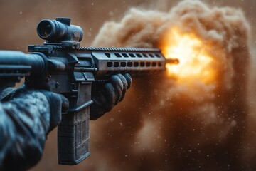 Military Shooter Firing Rifle with Dust Impact
