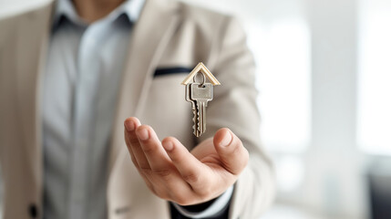 Realtor hand and key with roof close up. Mortgage, investment, rent, real estate, property concept
