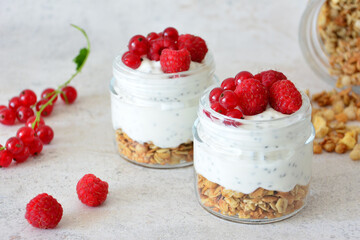 Yogurt Parfaits with raspberry and red currant Berries and Granola in Jars