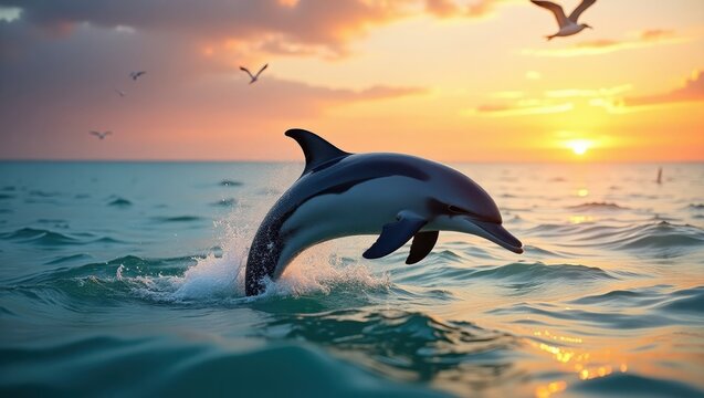 Dolphin leaping out of water at sunset.