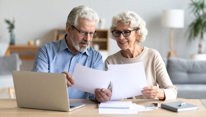 Cybersecurity for seniors concept. Elderly couple reviewing documents together at a home office.