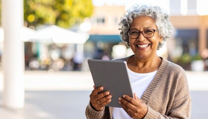 Cybersecurity for seniors concept. Smiling woman using a tablet outdoors in a sunny environment.