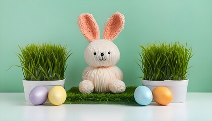 Whimsical Yarn Bunny Centerpiece with Colorful Easter Eggs and Fresh Green Grass in Pots, Against a Mint Green Background for Festive Spring Home Decor