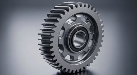 Close up of a polished metal gear with ball bearings against a dark background