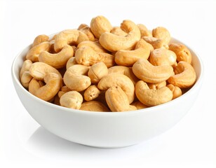 Fototapeta premium Close-up of cashews, showcasing their unique shape and inviting color ideal for themes of healthy snacks, vegan recipes, or wholesome ingredients. A collection of cashews, ready to be enjoyed 