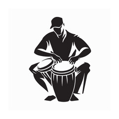 Black and White Vector Silhouette of Man Playing Conga Drums in Dynamic Pose