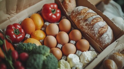 A basket of a variety of fresh produce including vegetables, fruit, eggs and bread. Suitable for articles on healthy eating, cooking and organic lifestyle.