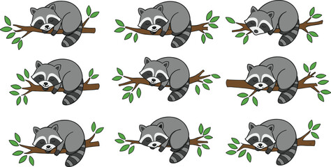 Cute sleeping raccoons on branches, woodland animal vector, cartoon raccoon clipart, baby raccoon art, forest wildlife illustration, peaceful nap scene