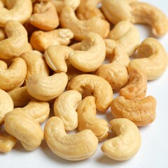 Fototapeta premium Close-up of cashews, showcasing their unique shape and inviting color ideal for themes of healthy snacks, vegan recipes, or wholesome ingredients. A collection of cashews, ready to be enjoyed 
