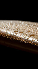 A macro shot of water droplets beading on a smooth, curved metallic surface against a black background.