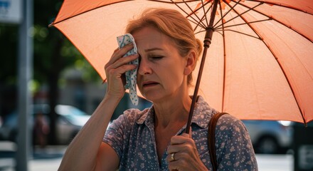A middle-aged woman, exhausted from the heat, is wiping away sweat while holding a parasol.